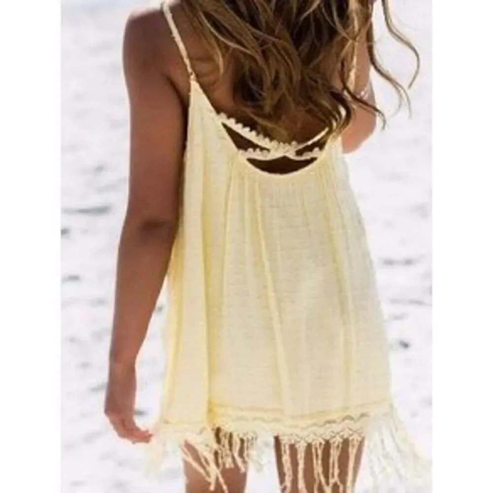 Dani Collection Spaghetti Strap Fringe Criss Cross Back Pale Yellow Dress Size S